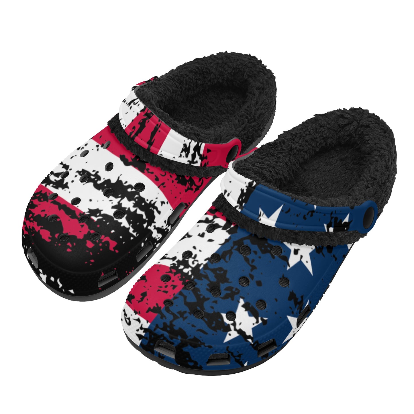 Distressed American Flag Adults Black Warm House Clog Winter Fur Lined Garden Slippers