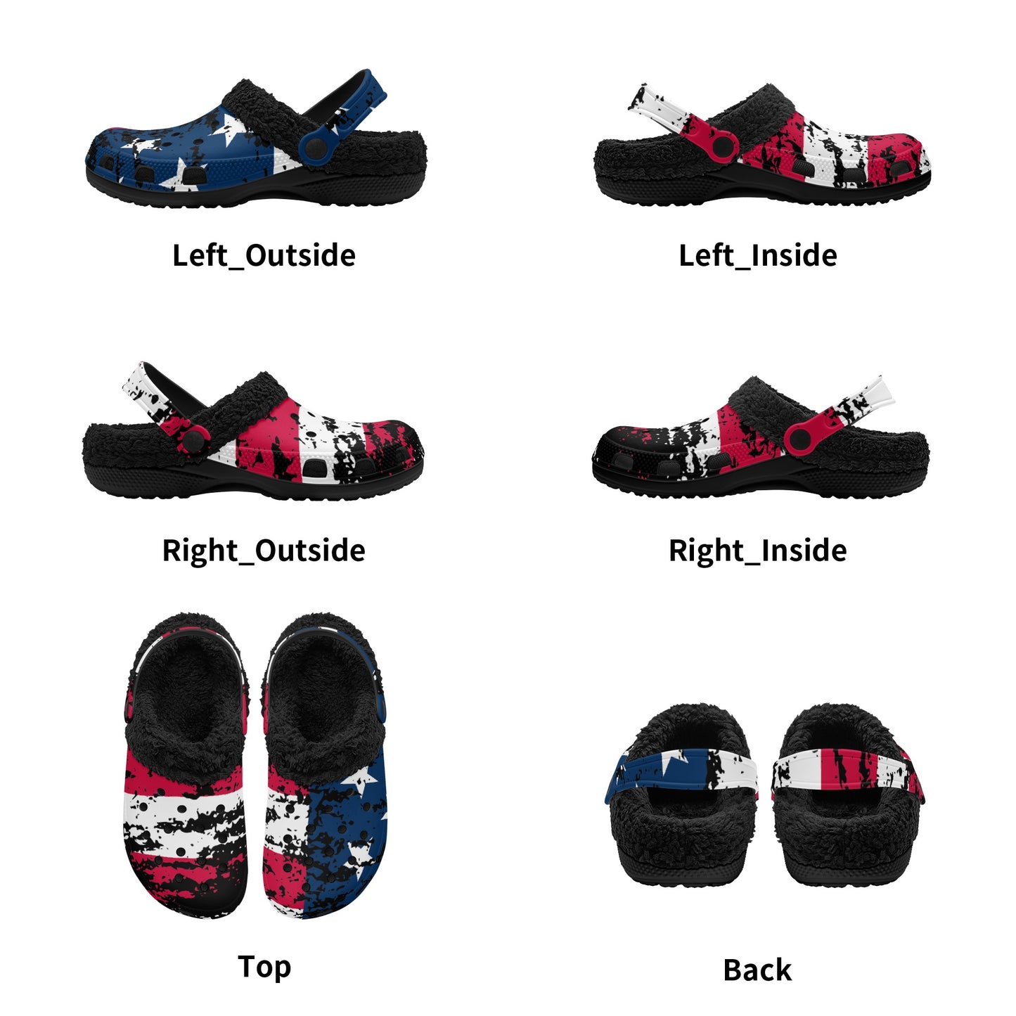 Distressed American Flag Adults Black Warm House Clog Winter Fur Lined Garden Slippers