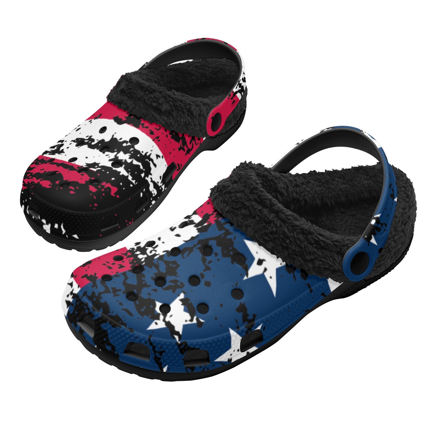 Distressed American Flag Adults Black Warm House Clog Winter Fur Lined Garden Slippers