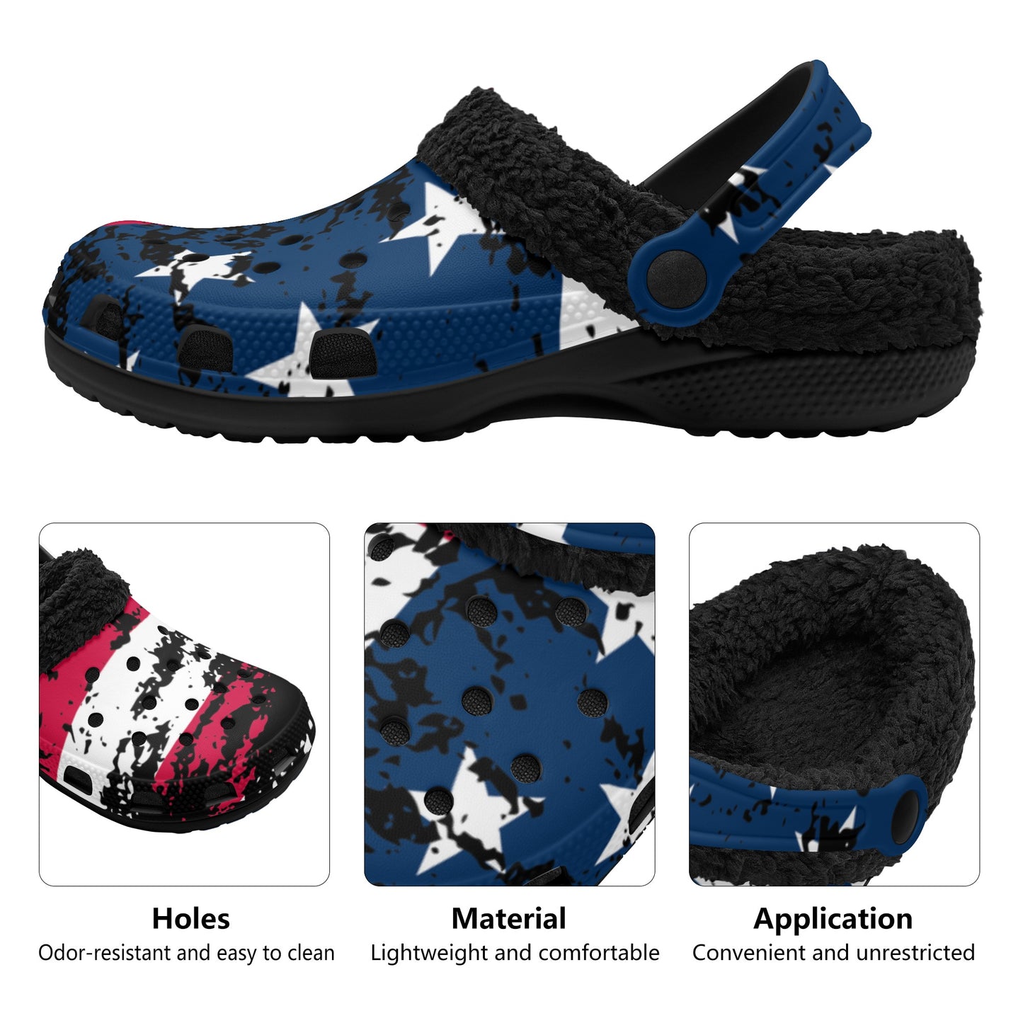 Distressed American Flag Adults Black Warm House Clog Winter Fur Lined Garden Slippers