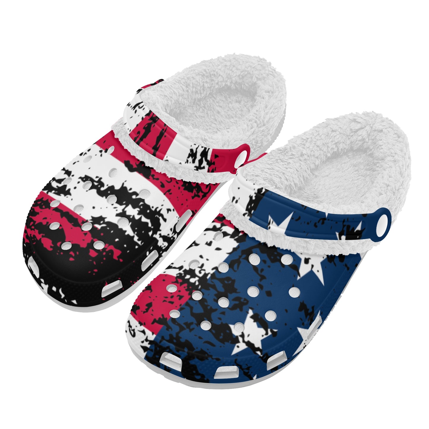 Distressed American Flag Adults White Warm House Clog Winter Fur Lined Garden Slippers