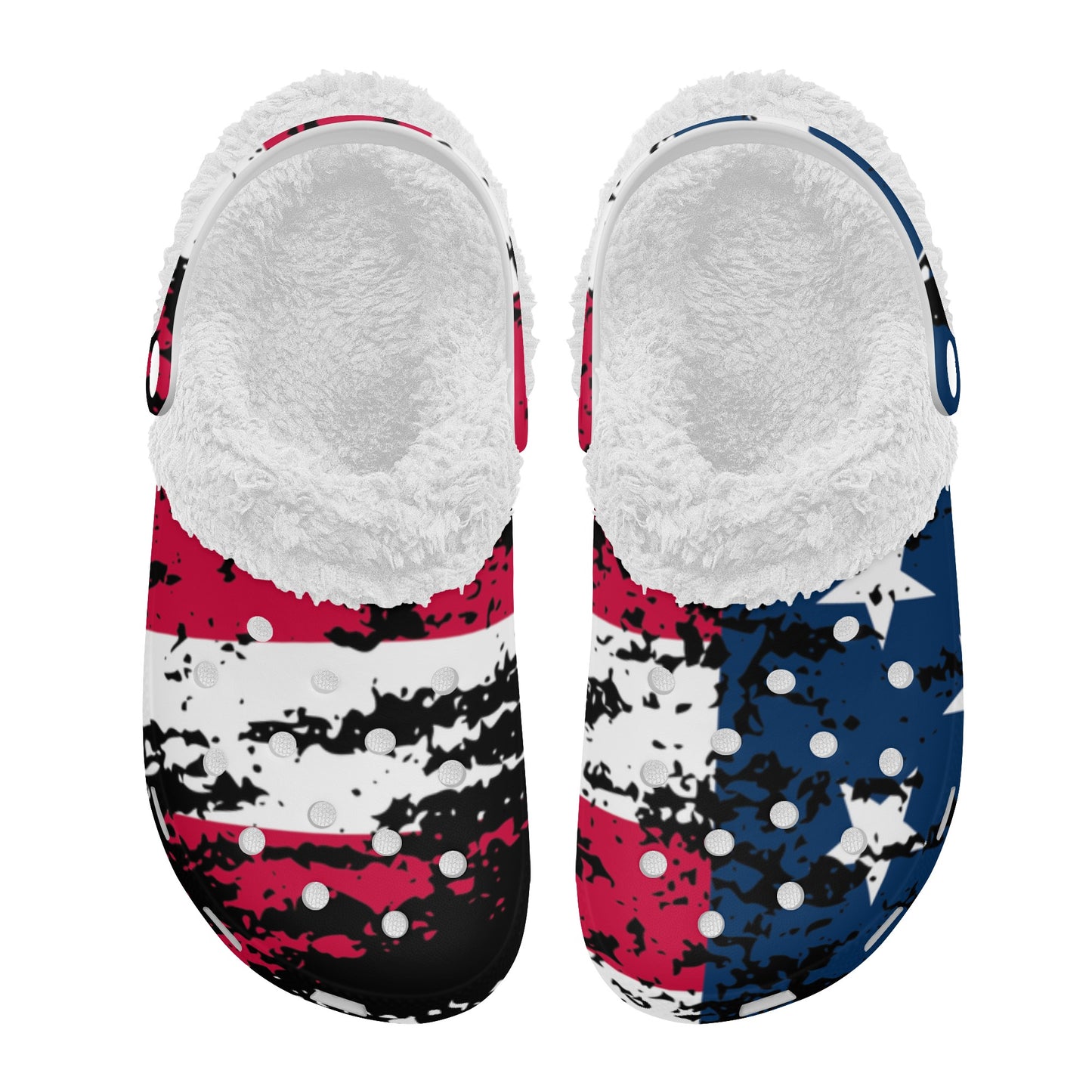 Distressed American Flag Adults White Warm House Clog Winter Fur Lined Garden Slippers