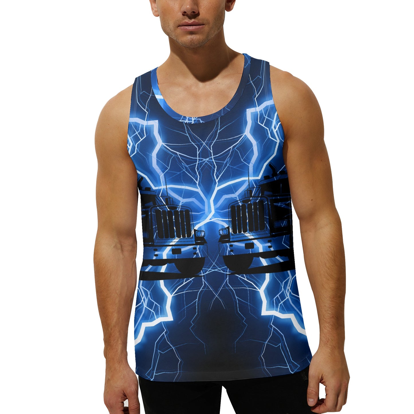 Exclusive Blue Lightning Trucker Mens Loose Fit Sleeveless Tank Top Muscle T-Shirt