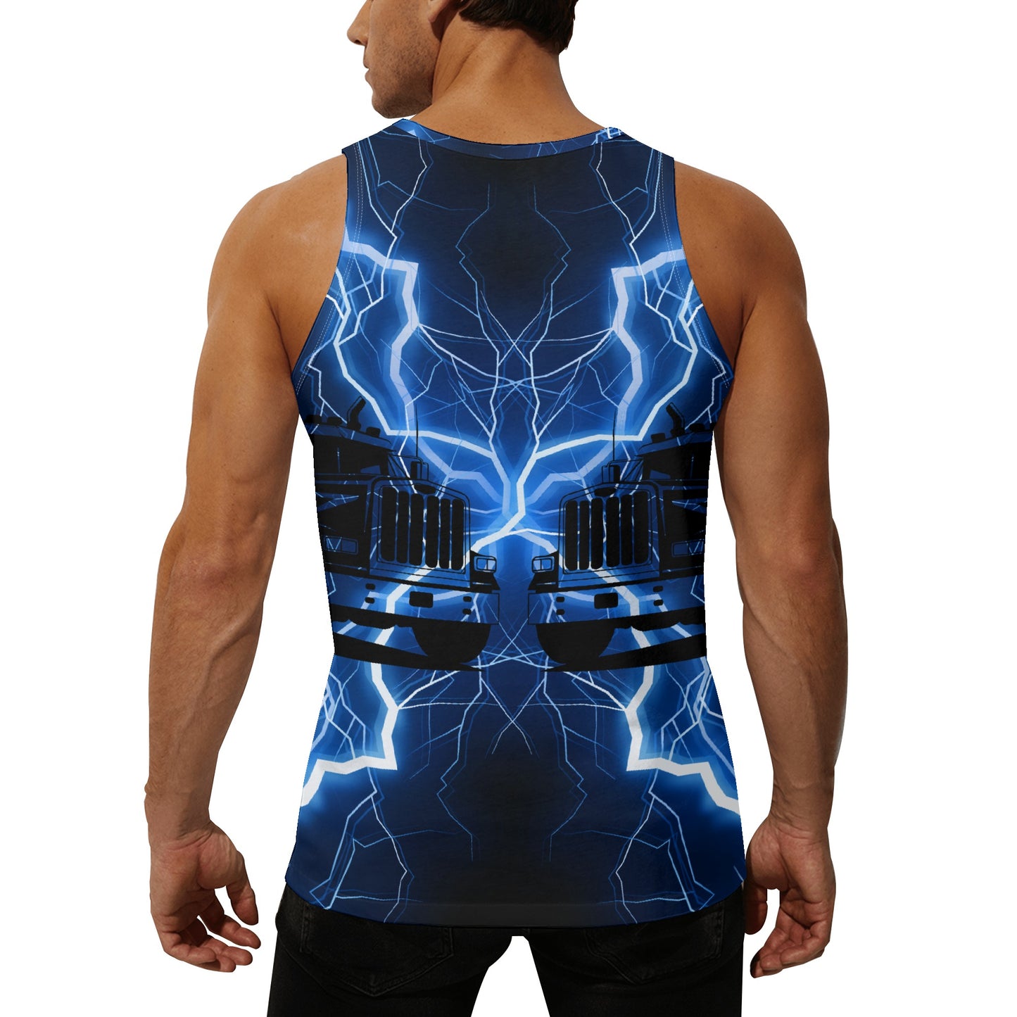 Exclusive Blue Lightning Trucker Mens Loose Fit Sleeveless Tank Top Muscle T-Shirt