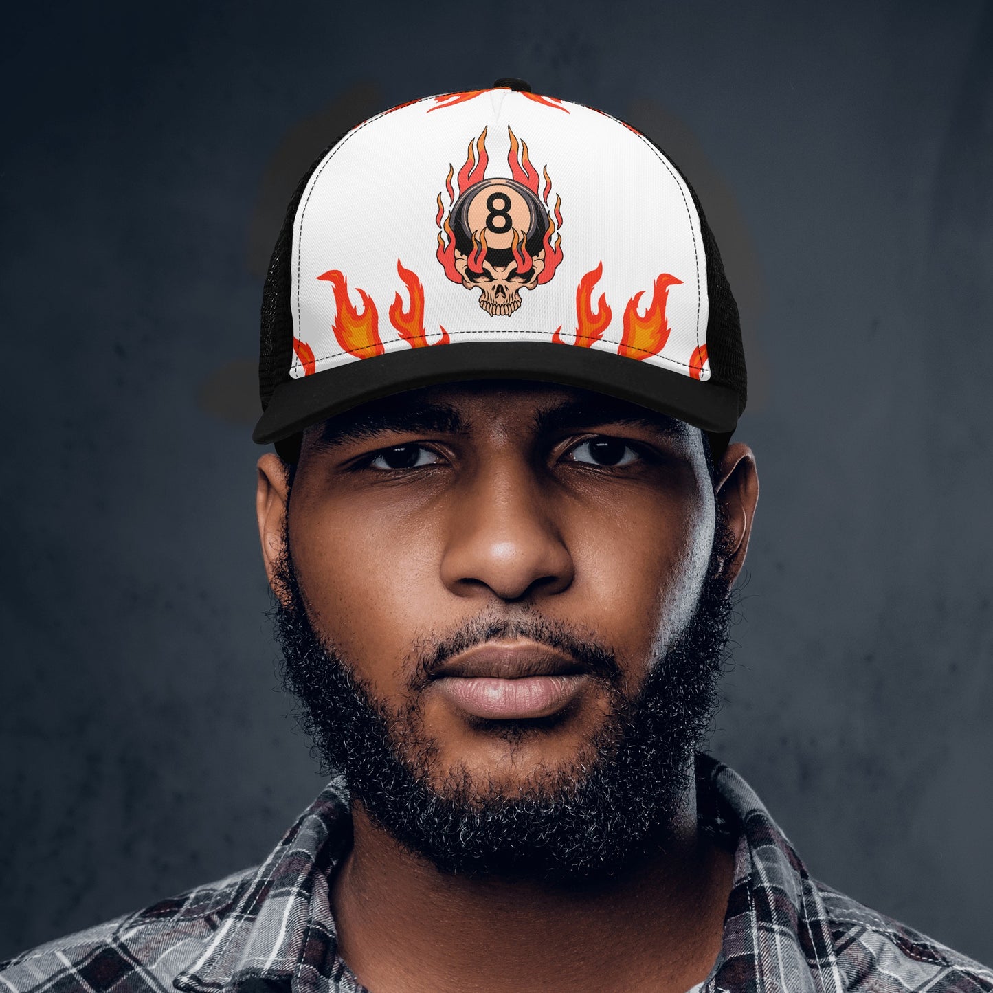 Flaming 8Ball Skull Design Mesh Trucker Hat