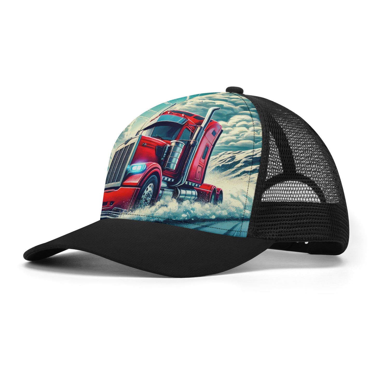 Semi Truck In The Snow Mesh Trucker Hat