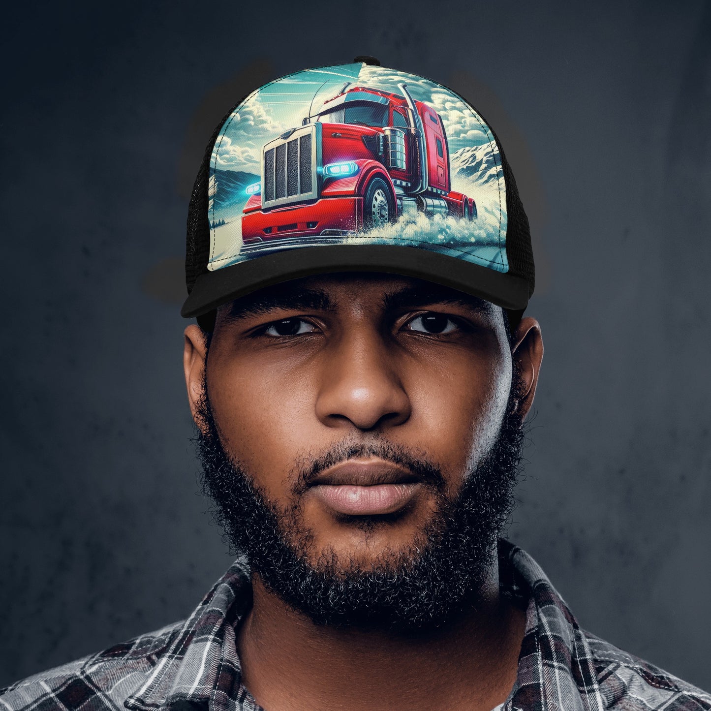 Semi Truck In The Snow Mesh Trucker Hat