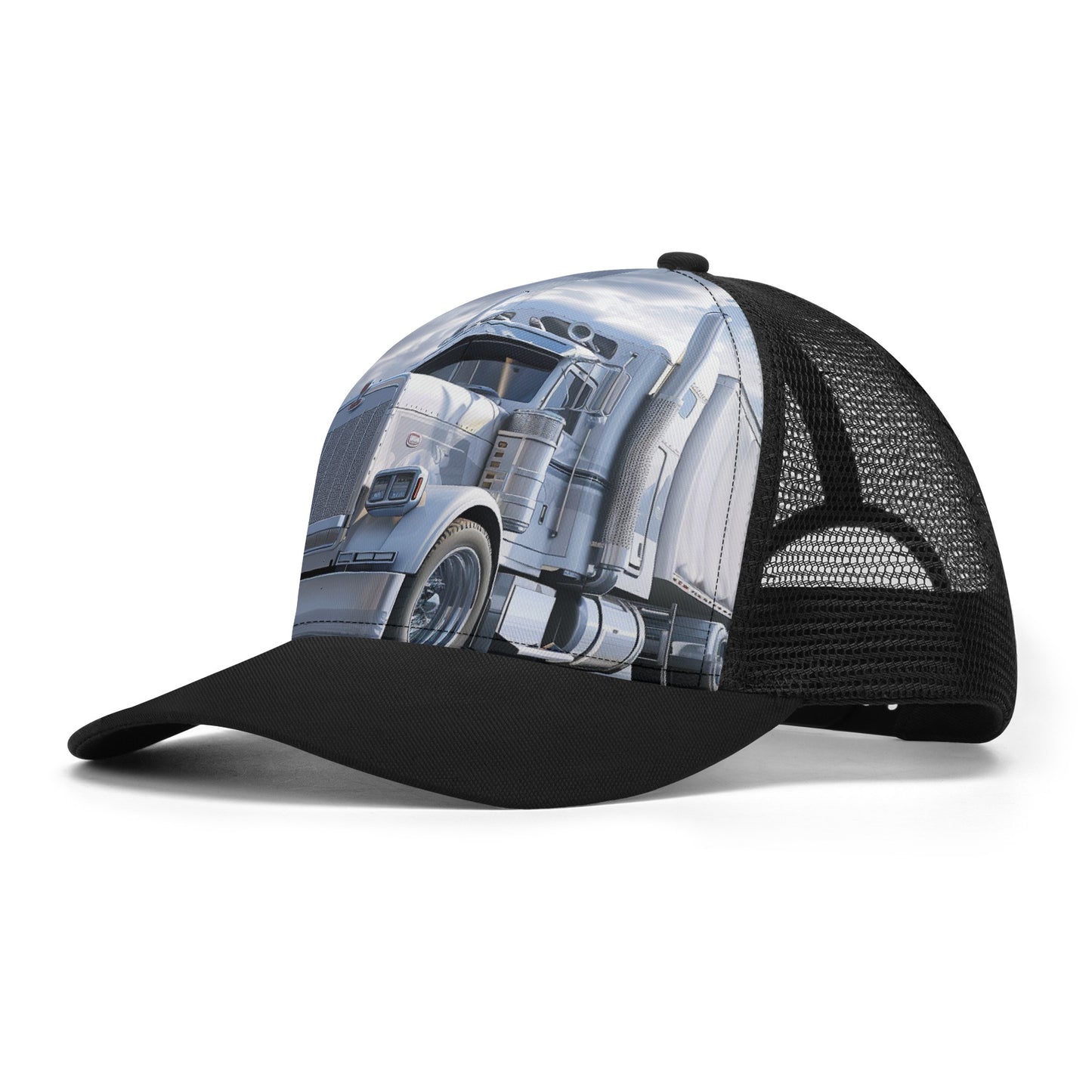 White Semi Truck and Trailer Mesh Trucker Hat