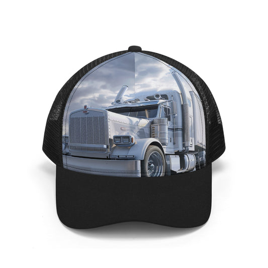 White Semi Truck and Trailer Mesh Trucker Hat