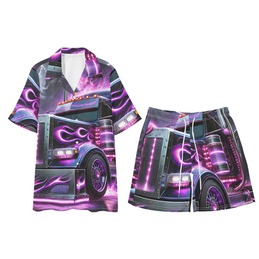 Purple Flames Mens Regular Fit Hawaiian Short Sleeve Shirt and Shorts Set