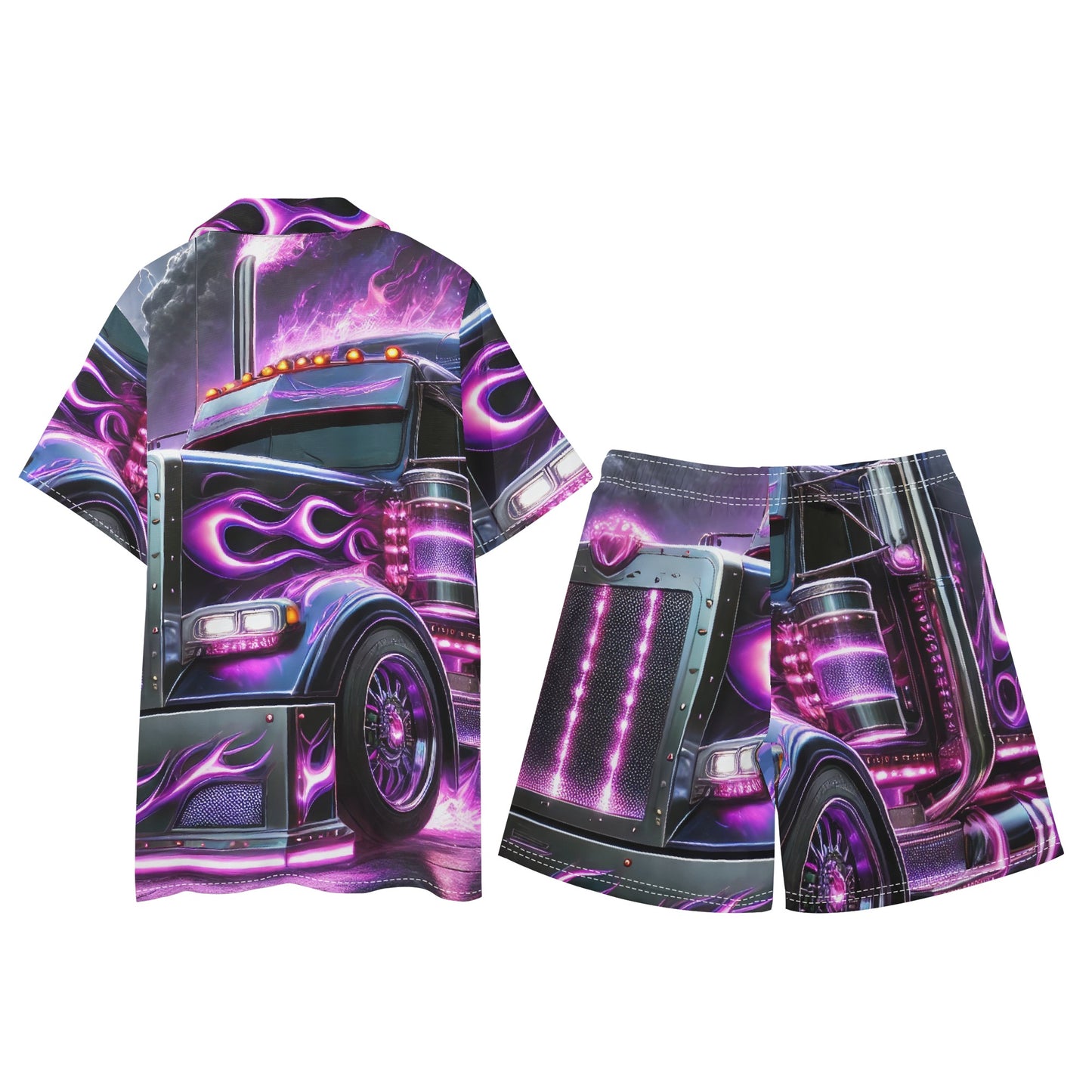 Purple Flames Mens Regular Fit Hawaiian Short Sleeve Shirt and Shorts Set