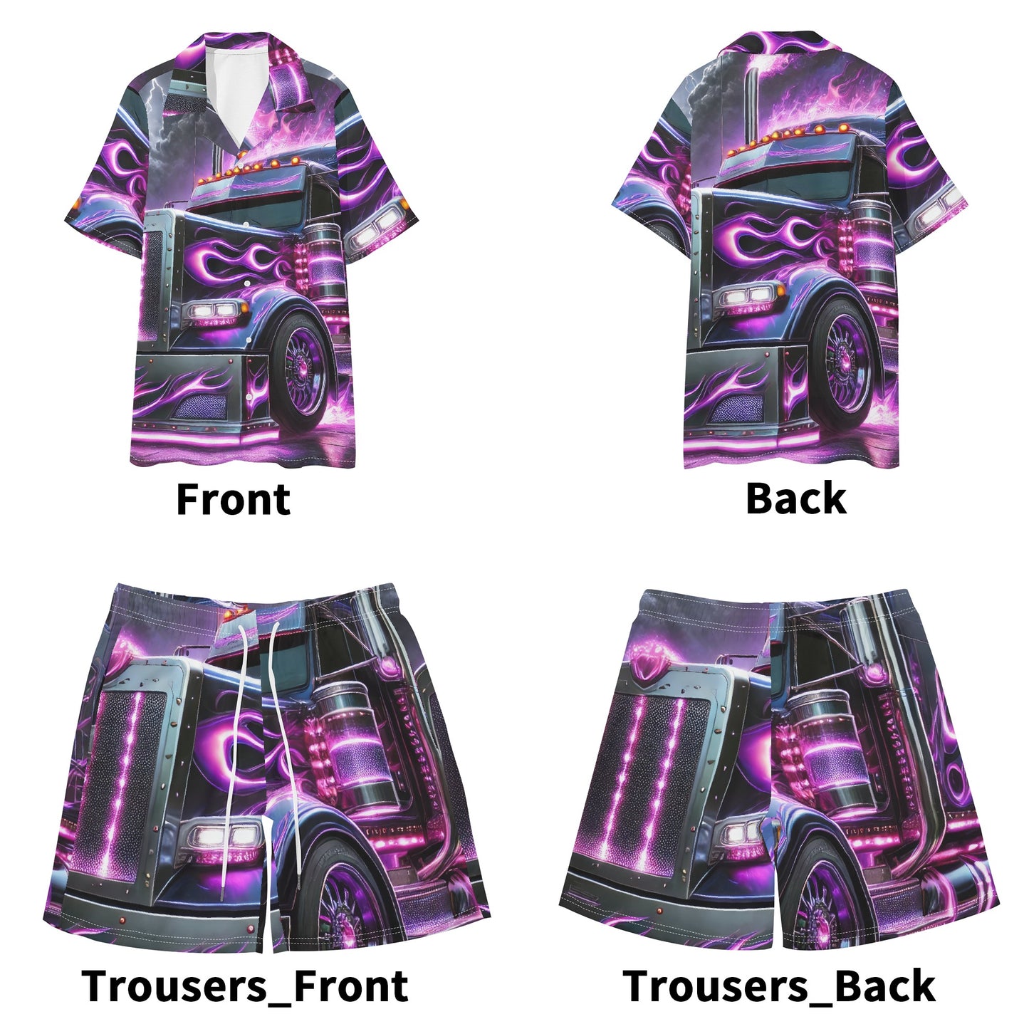 Purple Flames Mens Regular Fit Hawaiian Short Sleeve Shirt and Shorts Set