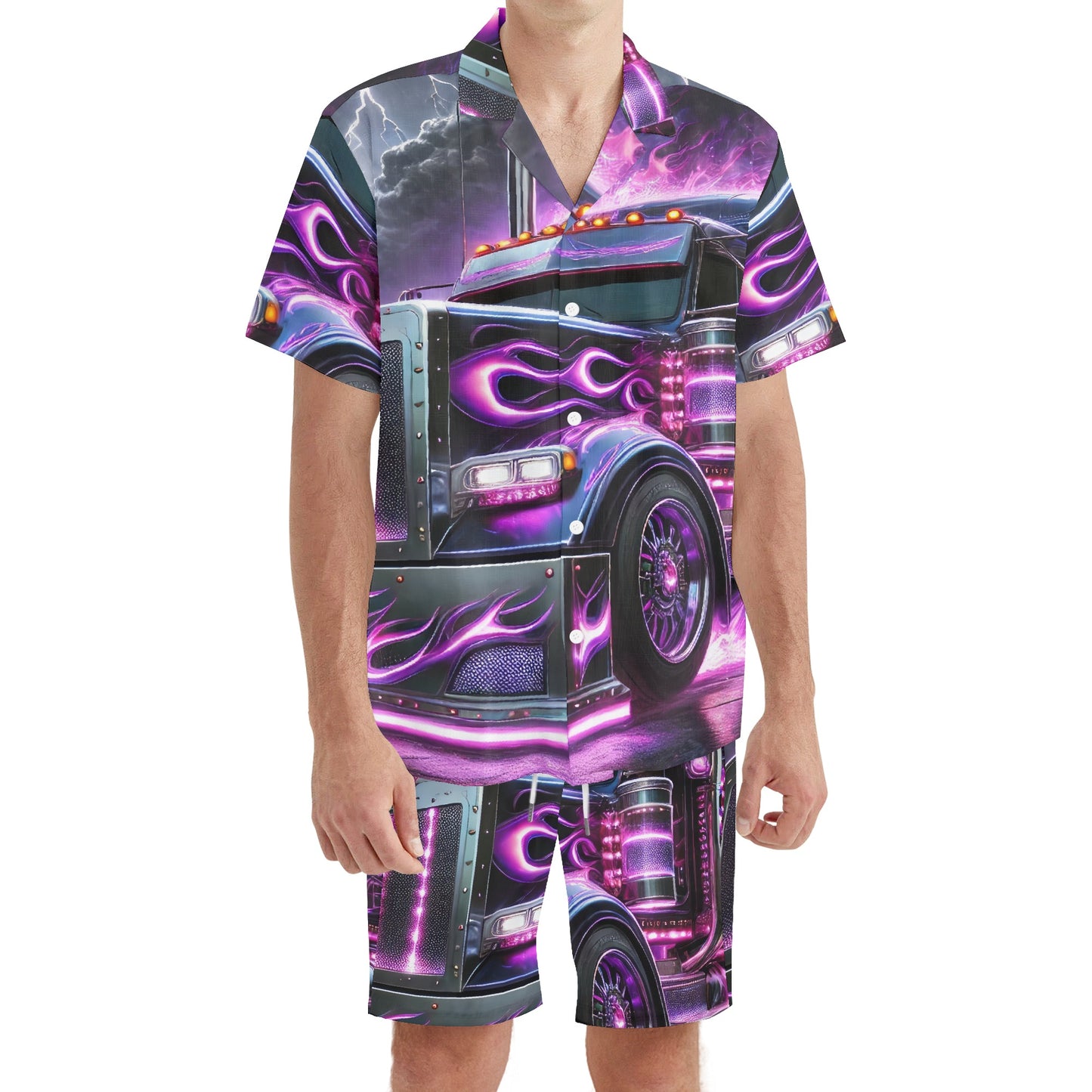 Purple Flames Mens Regular Fit Hawaiian Short Sleeve Shirt and Shorts Set