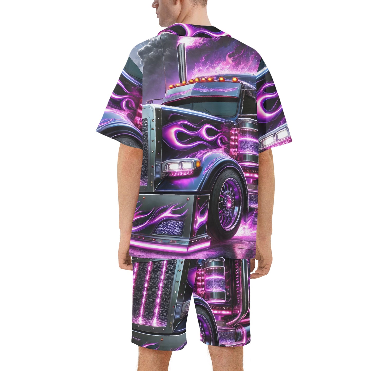 Purple Flames Mens Regular Fit Hawaiian Short Sleeve Shirt and Shorts Set