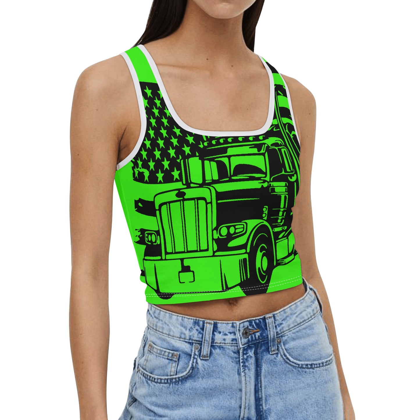 USA Semi Truck Womens Casual Summer Sleeveless Stretch Crop Tank Top Shirt