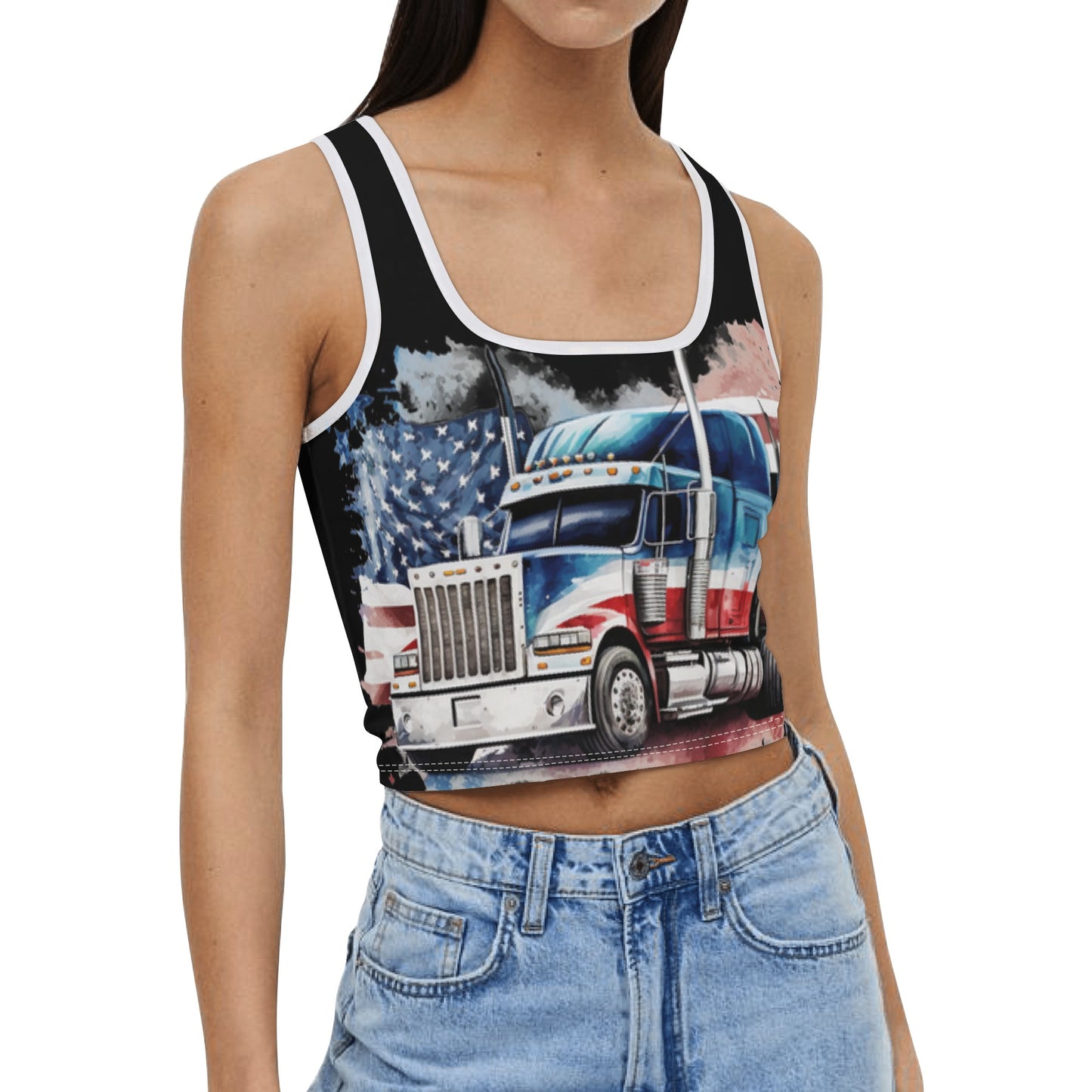 USA Semi Truck Womens Casual Summer Sleeveless Stretch Crop Tank Top Shirts