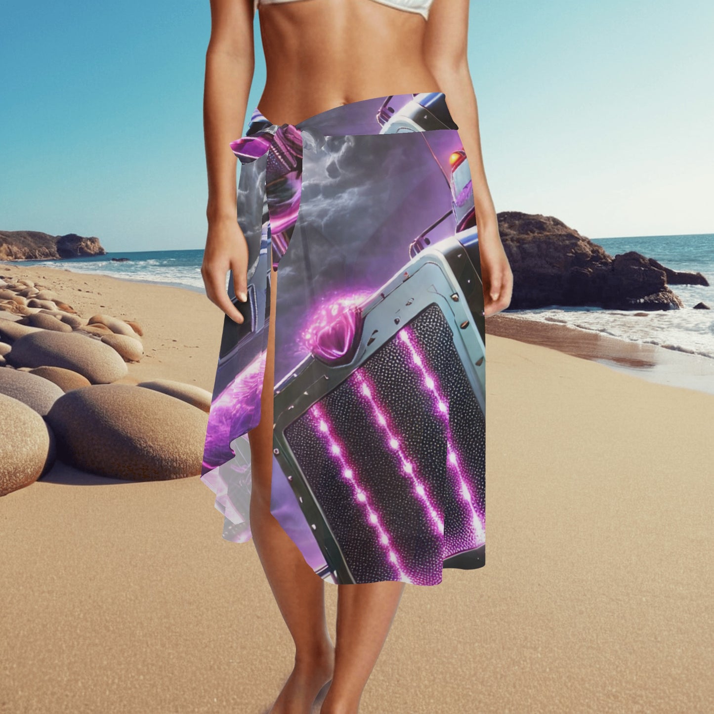 Purple Flames Semi Truck Design Womens Swimsuit Cover Up Ruffle Tie Side Beach Sarong Wrap Maxi Skirt