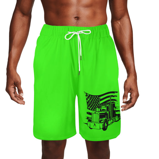 Florescent Green USA Semi Truck Mens Basketball Mesh Shorts Sea Life Swim Trunks