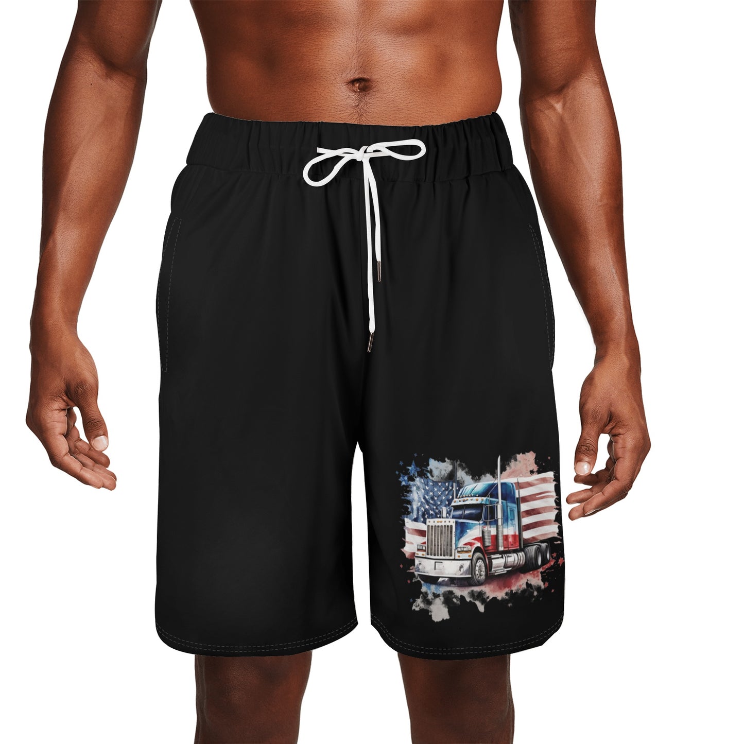 Black USA Semi Truck Mens Basketball Mesh Shorts Sea Life Swim Trunks