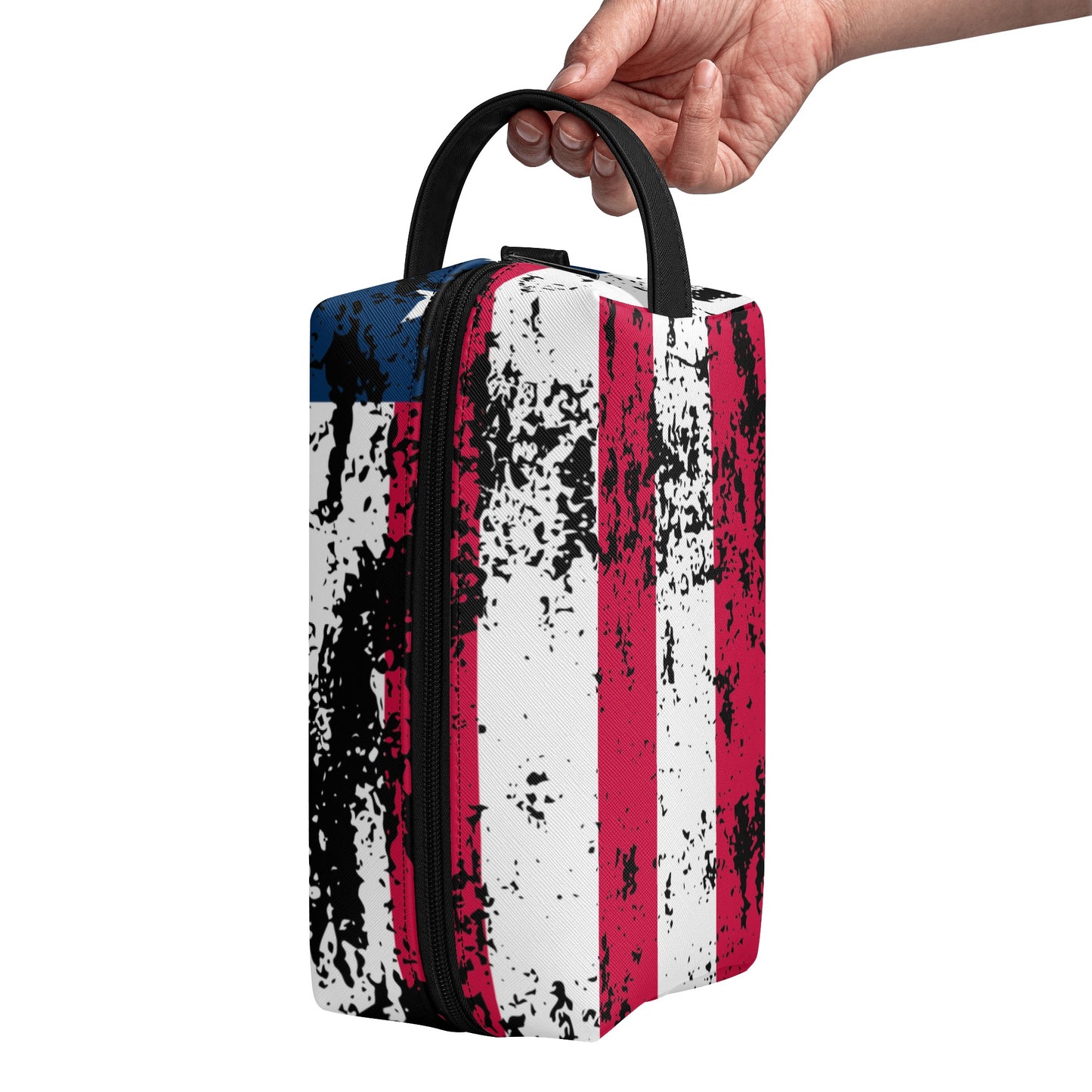 USA Flag Travel PU Leather Toiletry Bag Makeup Cosmetics Organizer