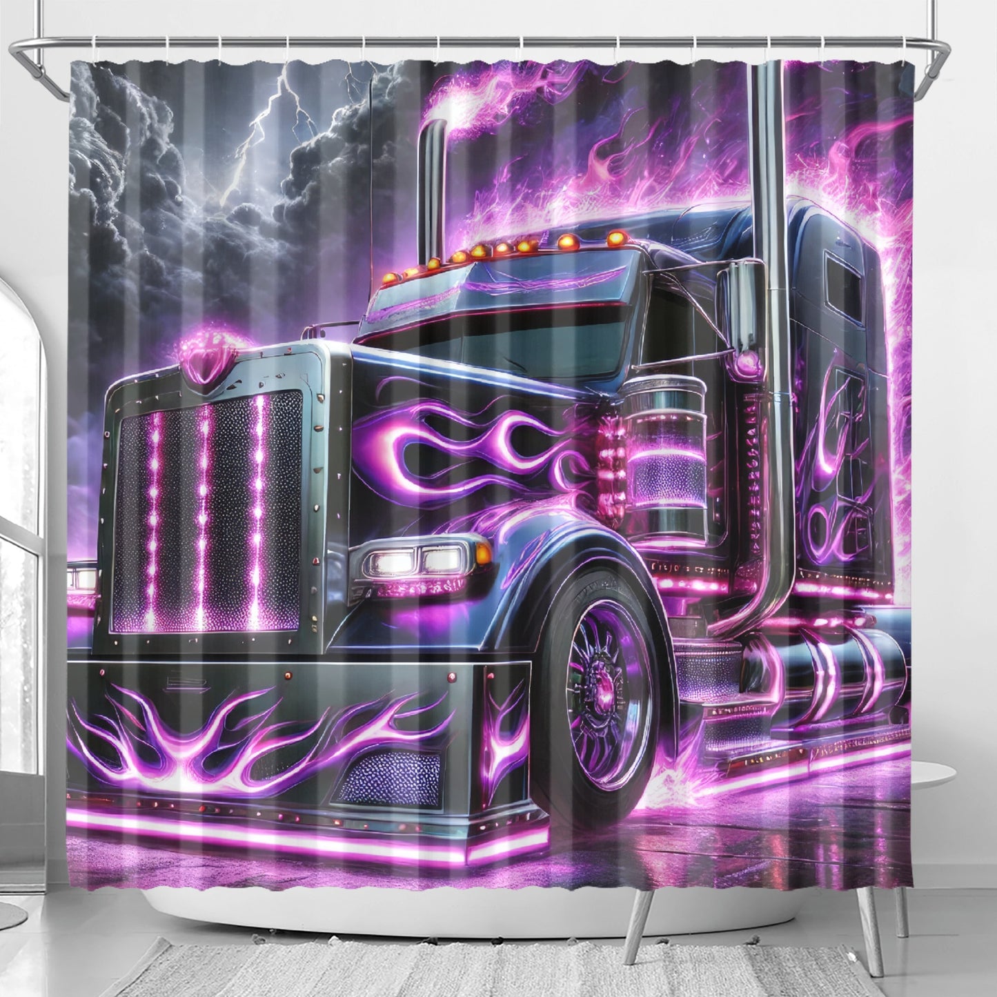 Purple Flames Semi Truck Shower Curtain