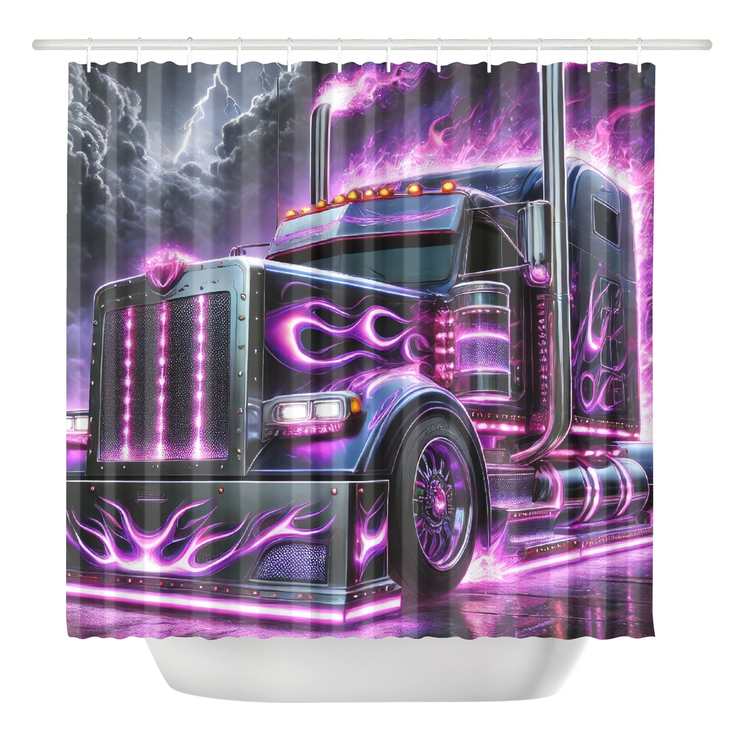 Purple Flames Semi Truck Shower Curtain