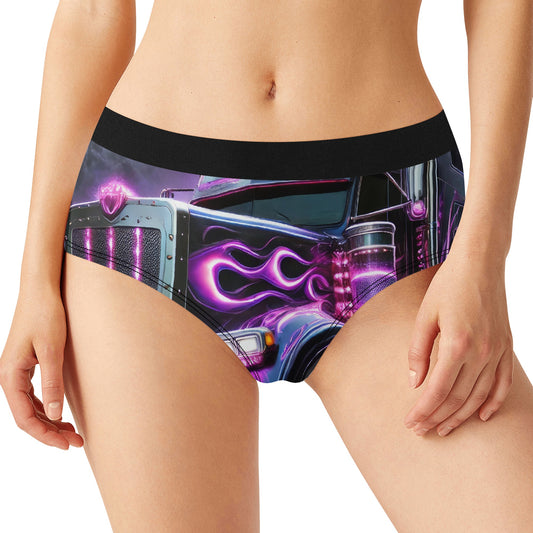 Purple Flames Semi Truck Womens Mid Waisted Briefs