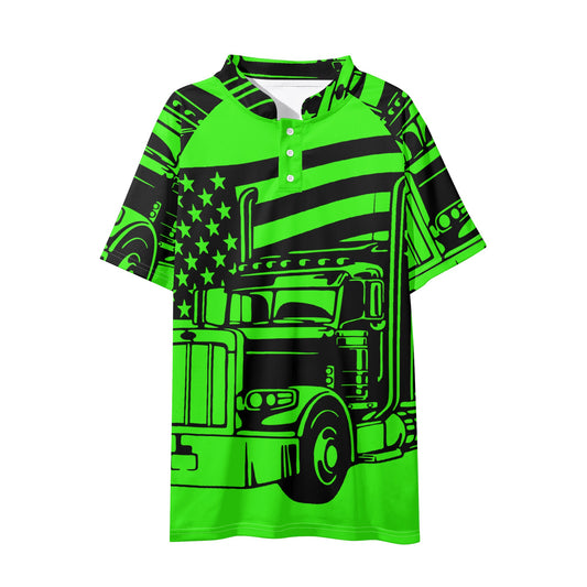 Florescent USA Semi Truck Mens Button Up Short Sleeve Golf Tennis T-Shirts Casual Business Polo Shirts