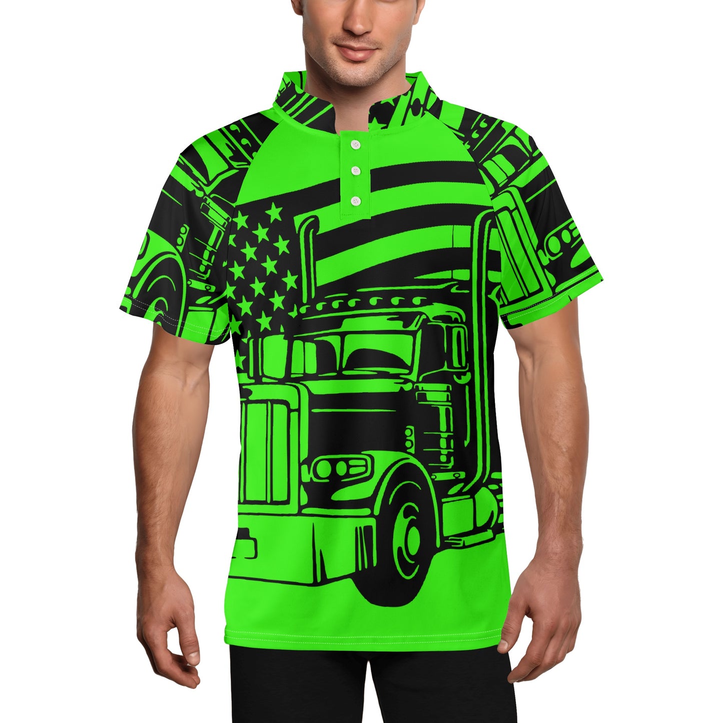 Florescent USA Semi Truck Mens Button Up Short Sleeve Golf Tennis T-Shirts Casual Business Polo Shirts