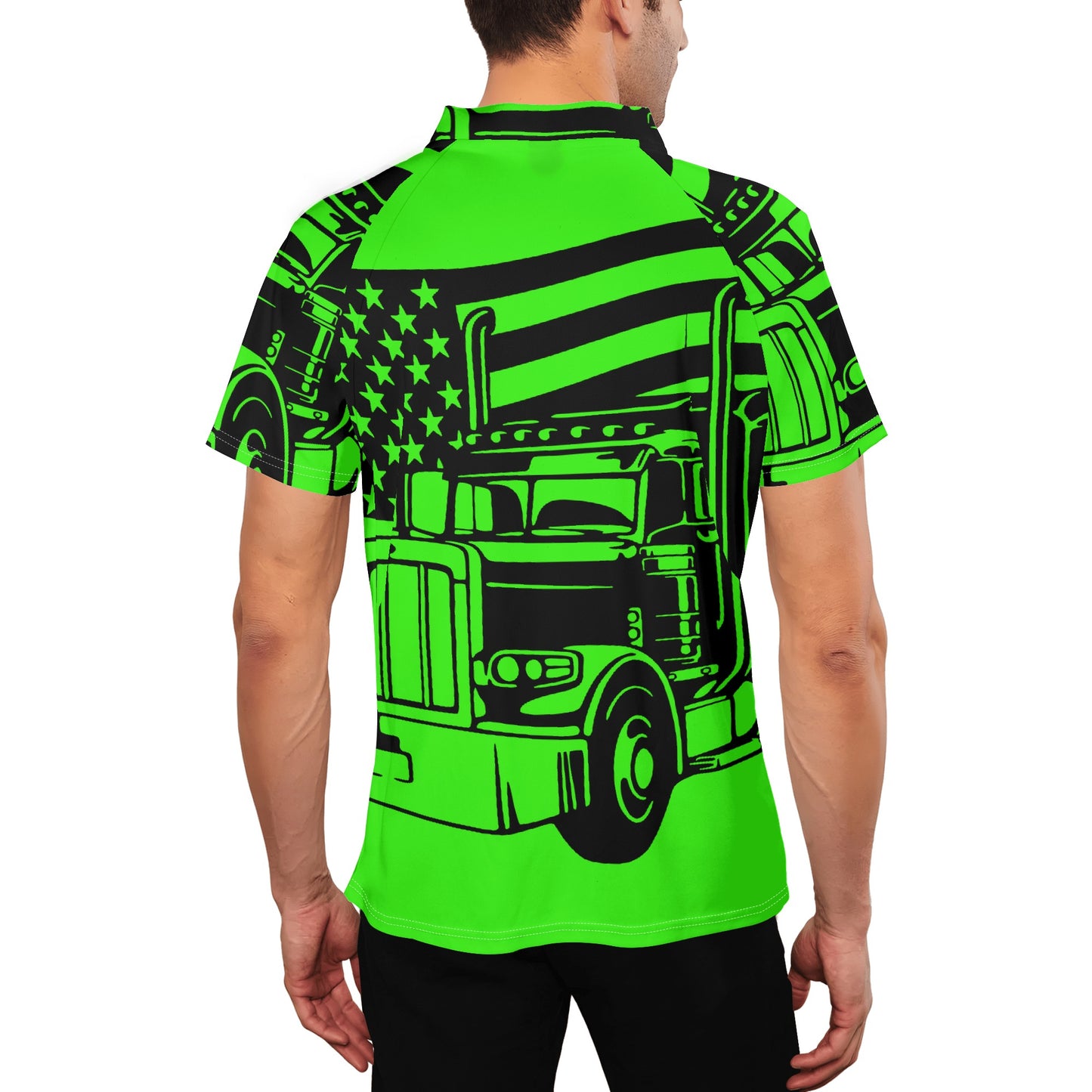 Florescent USA Semi Truck Mens Button Up Short Sleeve Golf Tennis T-Shirts Casual Business Polo Shirts