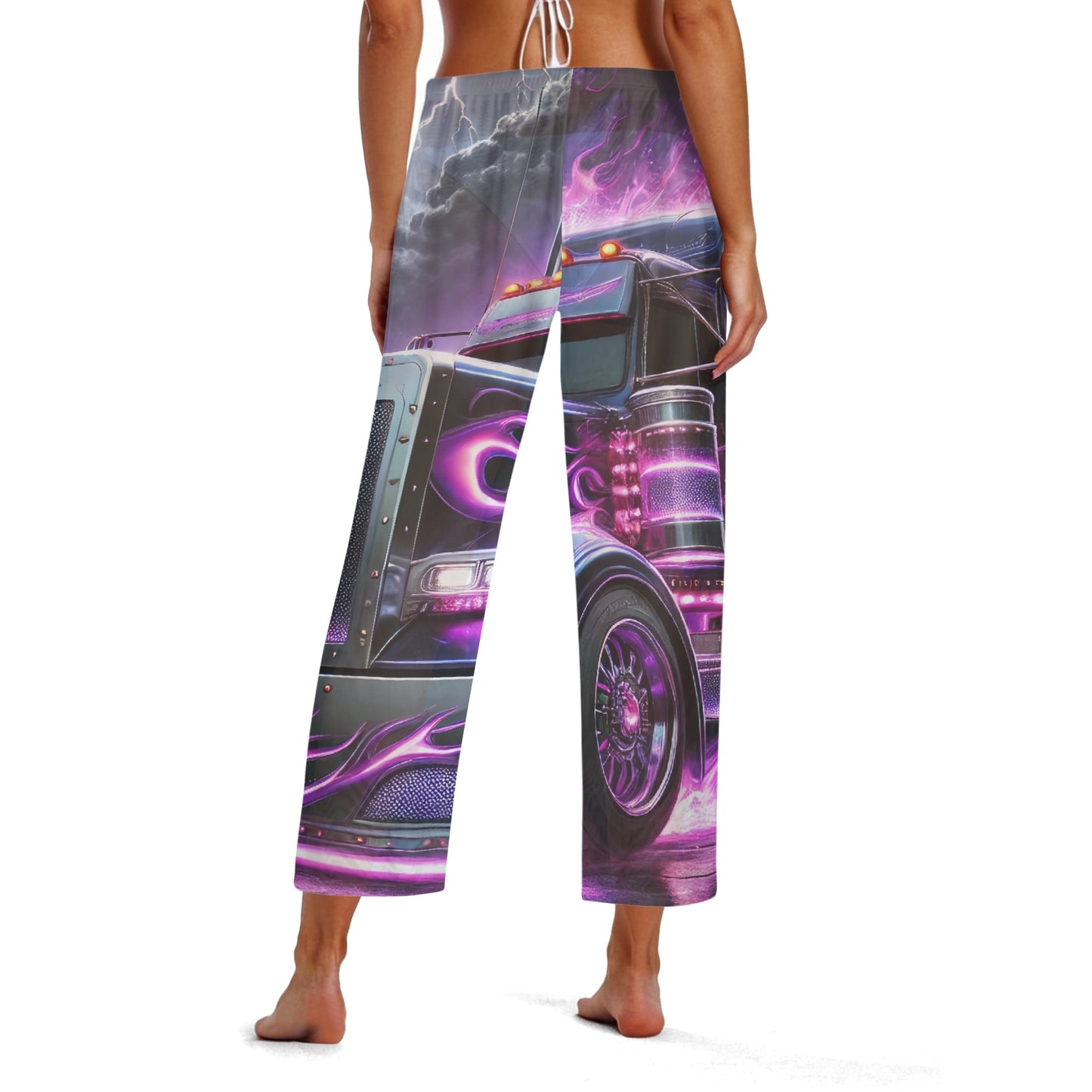 Purple Flames Semi Truck Womens See Through Cover up Straight Leg Pants Swimsuit Bikini Bottom