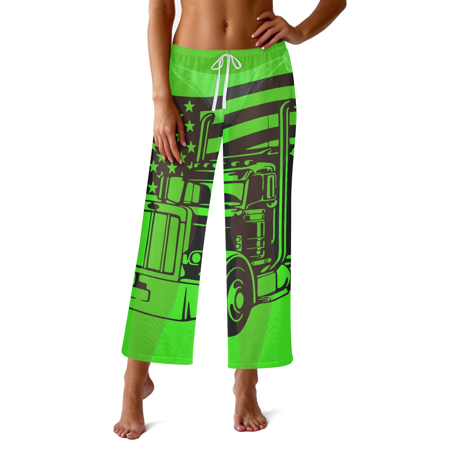 Florescent Green USA Semi Truck Womens See Through Cover up Straight Leg Pants Swimsuit Bikini Bottom