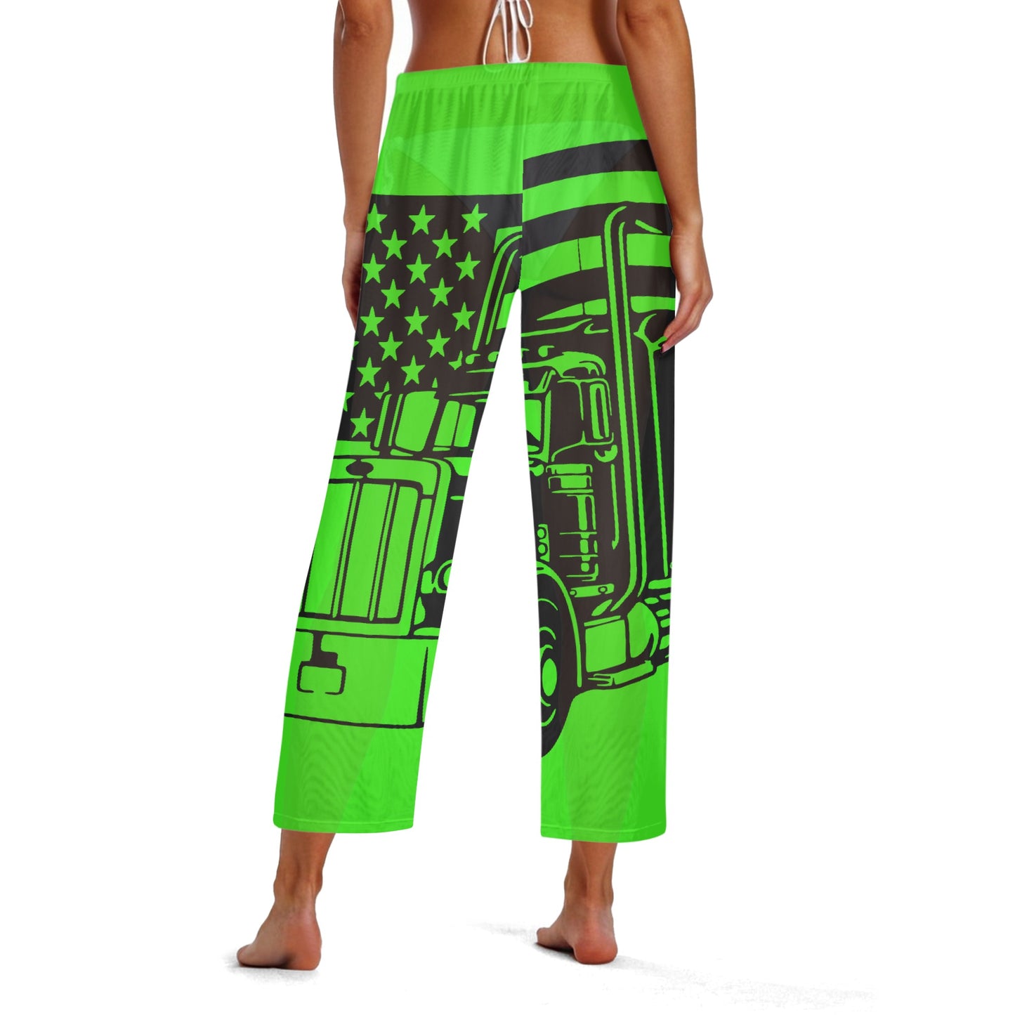 Florescent Green USA Semi Truck Womens See Through Cover up Straight Leg Pants Swimsuit Bikini Bottom