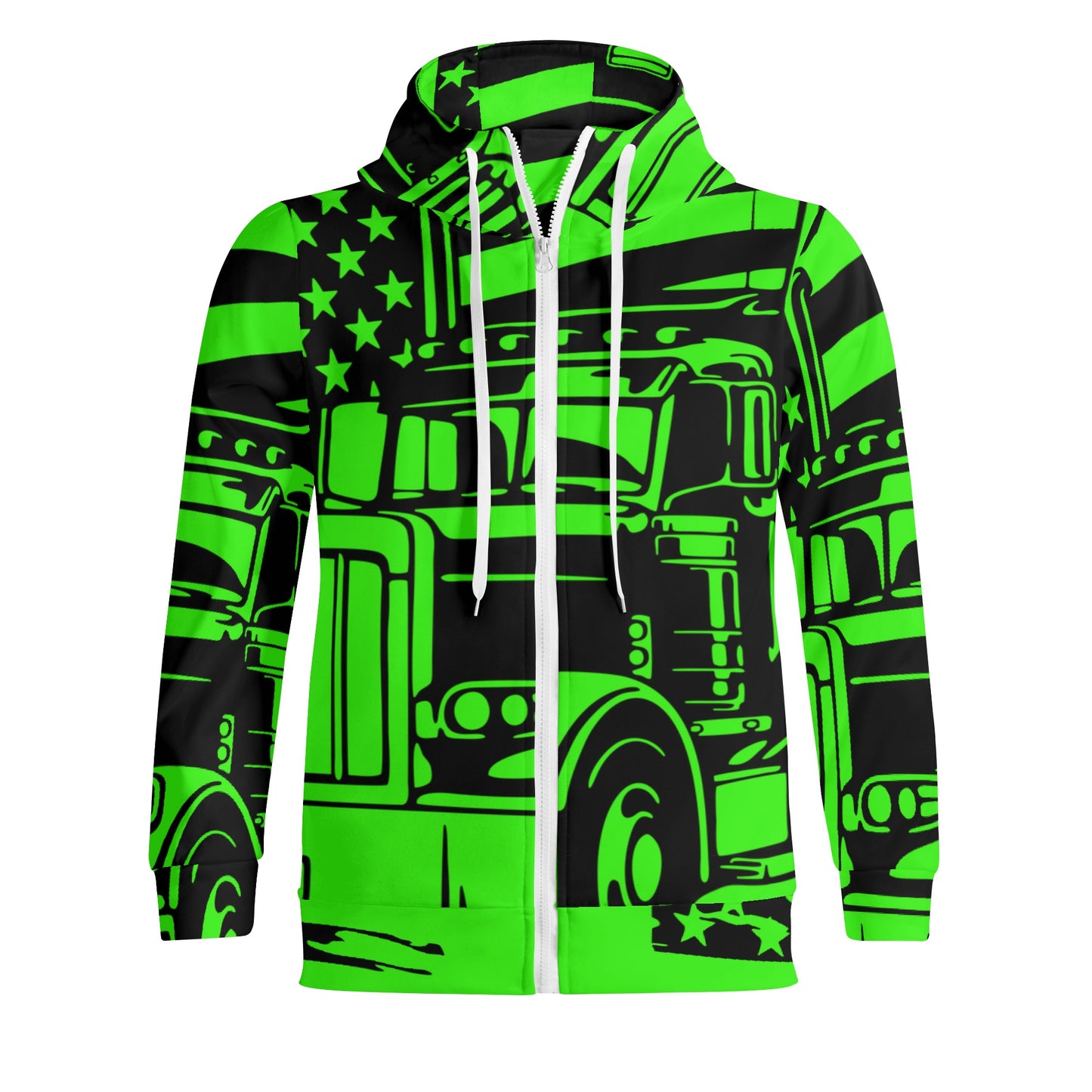 Florescent Green USA Semi Truck Adult Full Zip Turtleneck Hoodie Streetwear