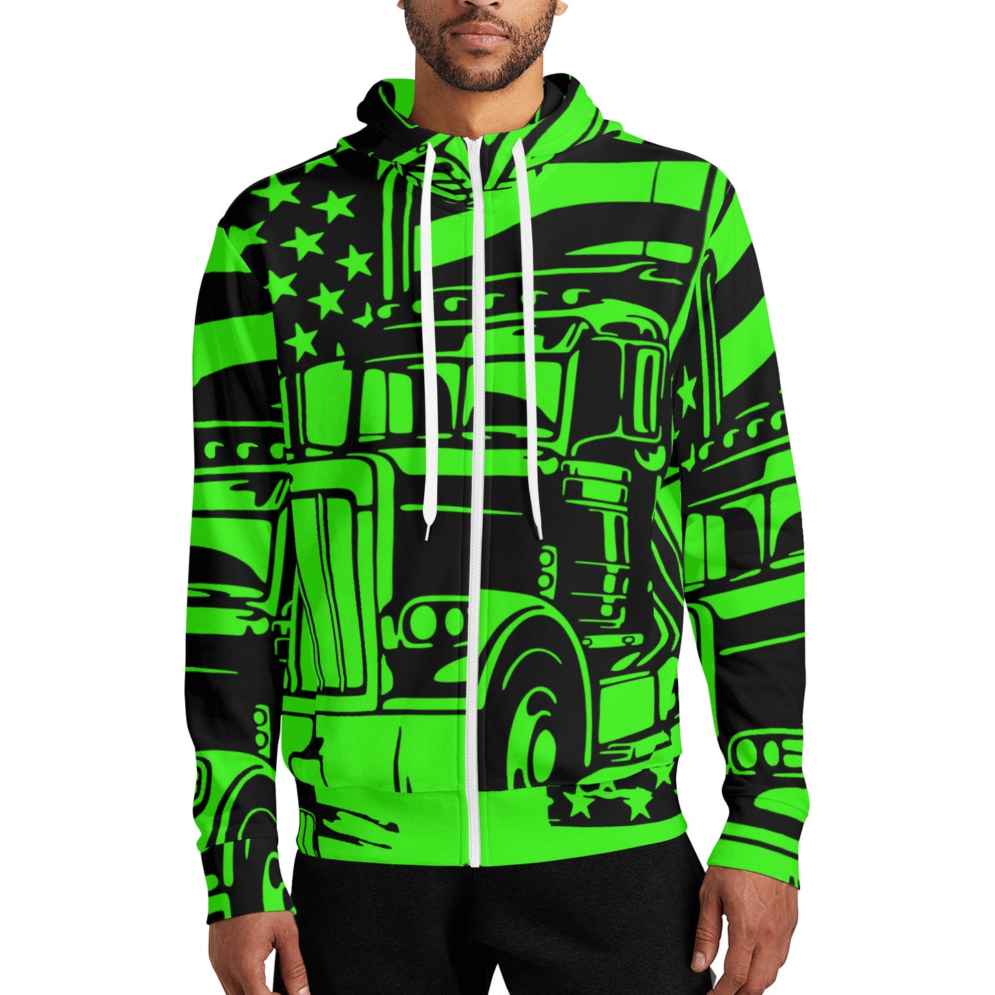 Florescent Green USA Semi Truck Adult Full Zip Turtleneck Hoodie Streetwear