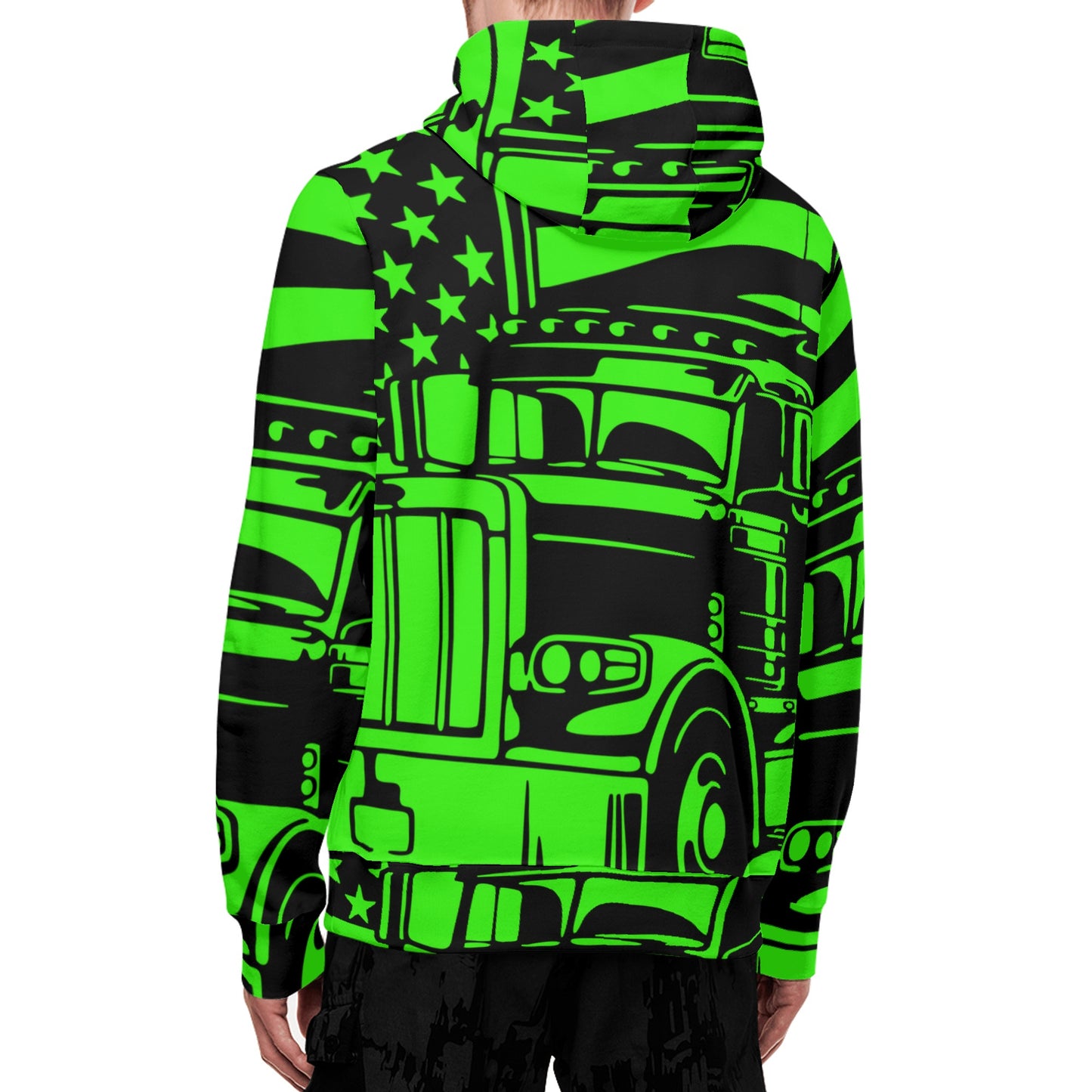 Florescent Green USA Semi Truck Adult Full Zip Turtleneck Hoodie Streetwear