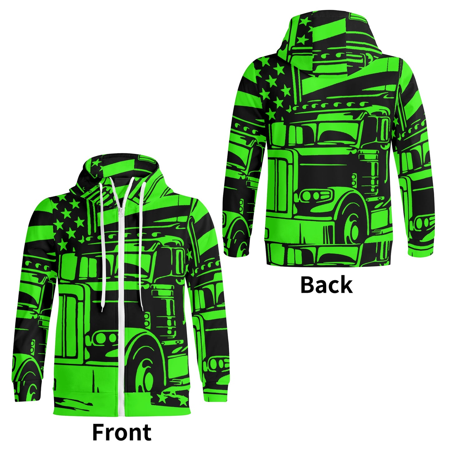 Florescent Green USA Semi Truck Adult Full Zip Turtleneck Hoodie Streetwear