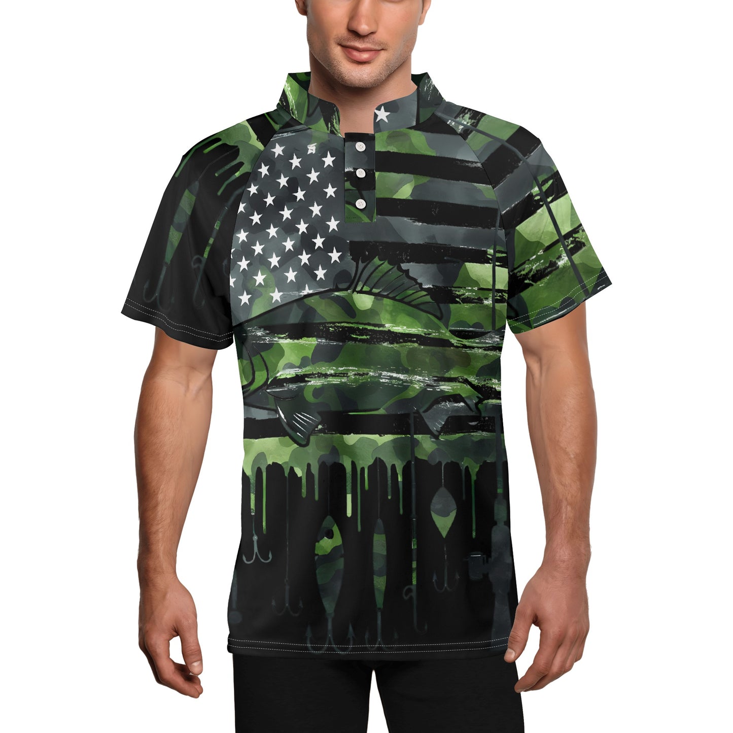 USA Camo Fishing Mens Button Up Short Sleeve Golf Tennis T-Shirts Casual Business Polo Shirts