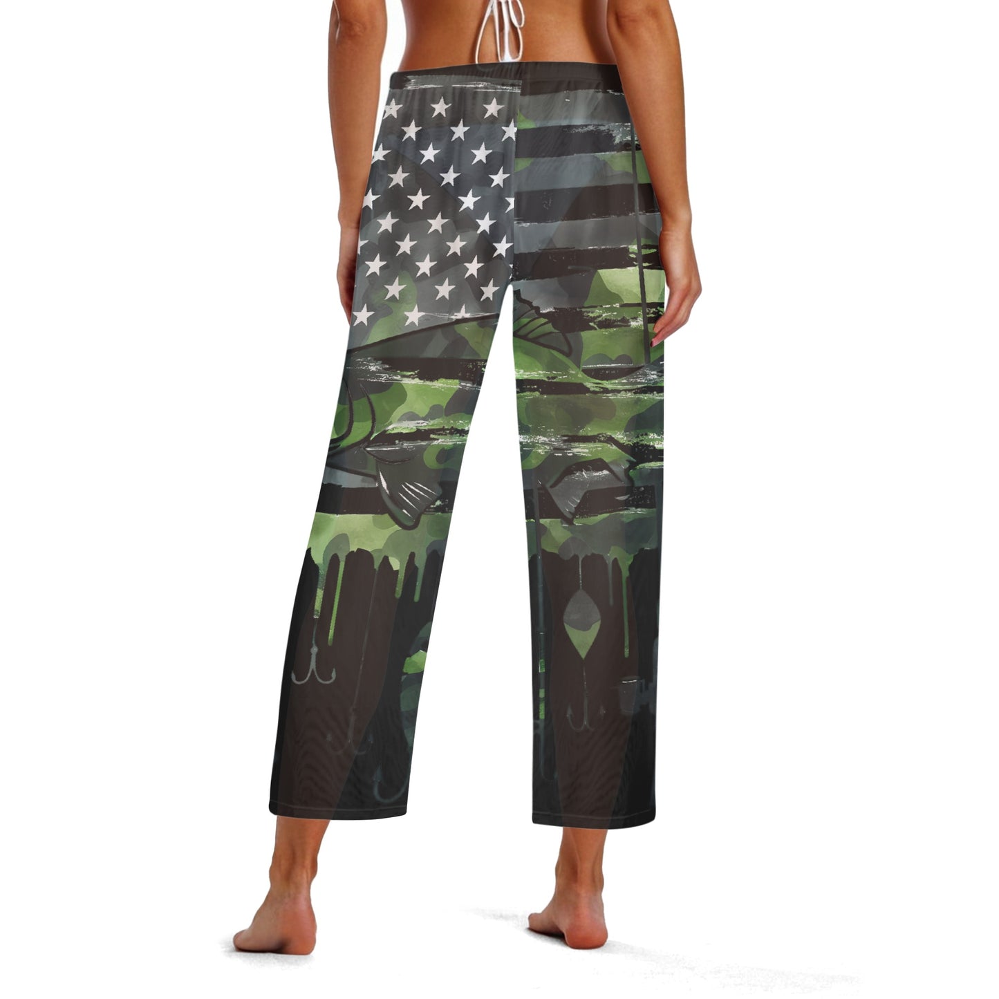 USA Camo Fishing Womens See Through Cover up Straight Leg Pants Swimsuit Bikini Bottom