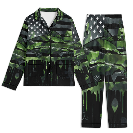 USA Camo Fishing Unisex Long Sleeve Adult Nightwear Pajama Set