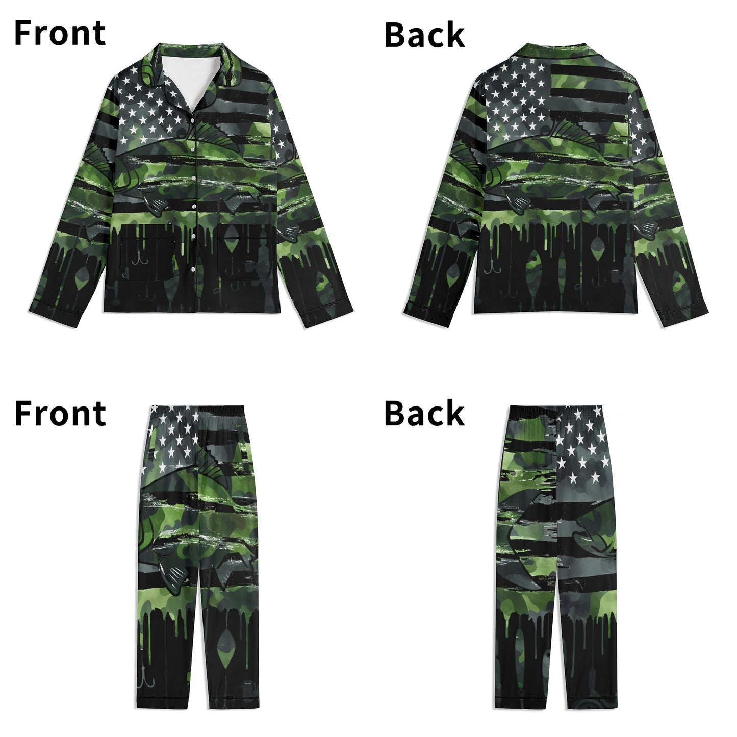 USA Camo Fishing Unisex Long Sleeve Adult Nightwear Pajama Set