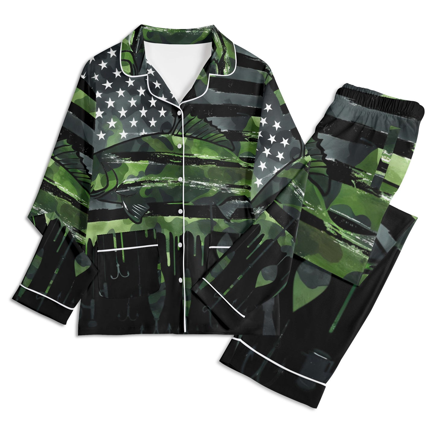 USA Camo Fishing Unisex Long Sleeve Adult Nightwear Pajama Set