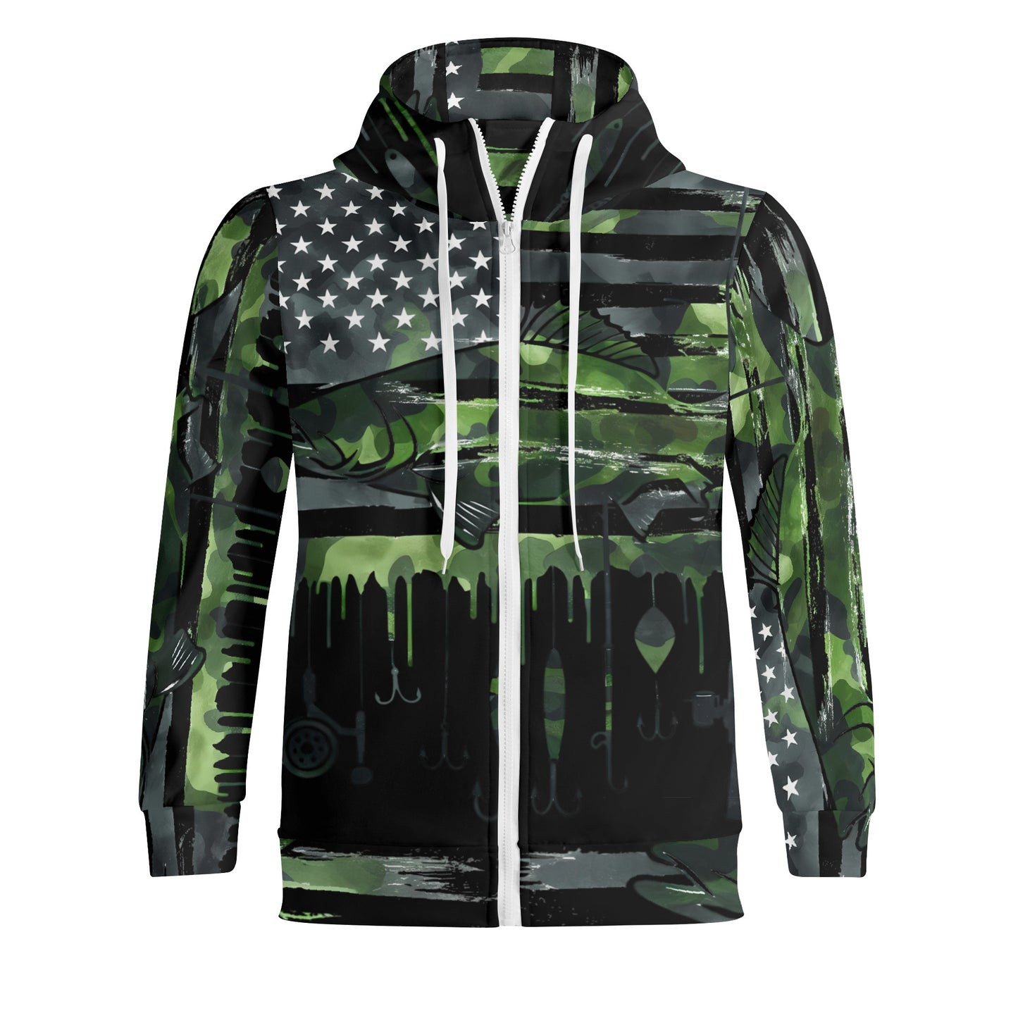 USA Camo Fishing Adult Full Zip Turtleneck Hoodie Streetwear