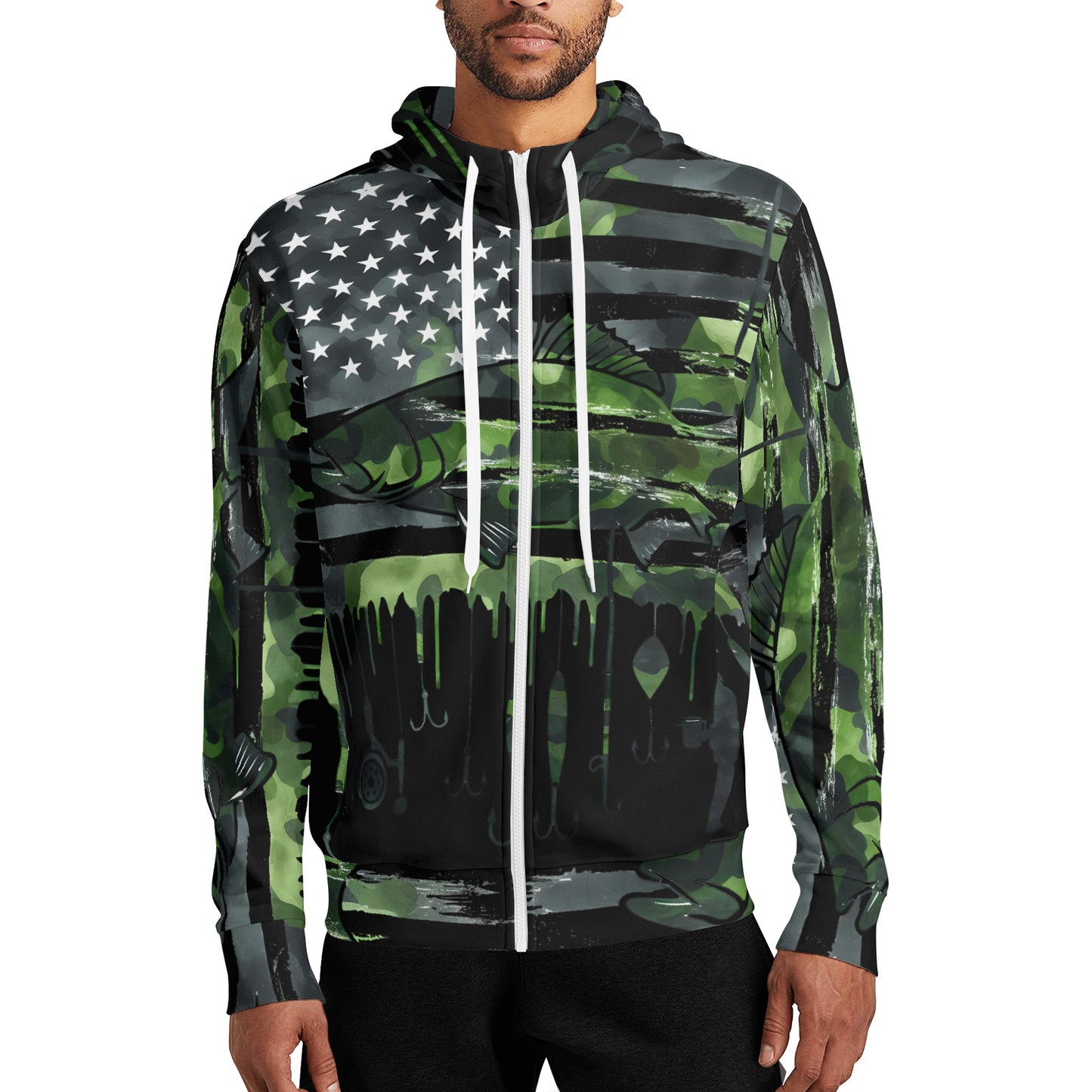 USA Camo Fishing Adult Full Zip Turtleneck Hoodie Streetwear