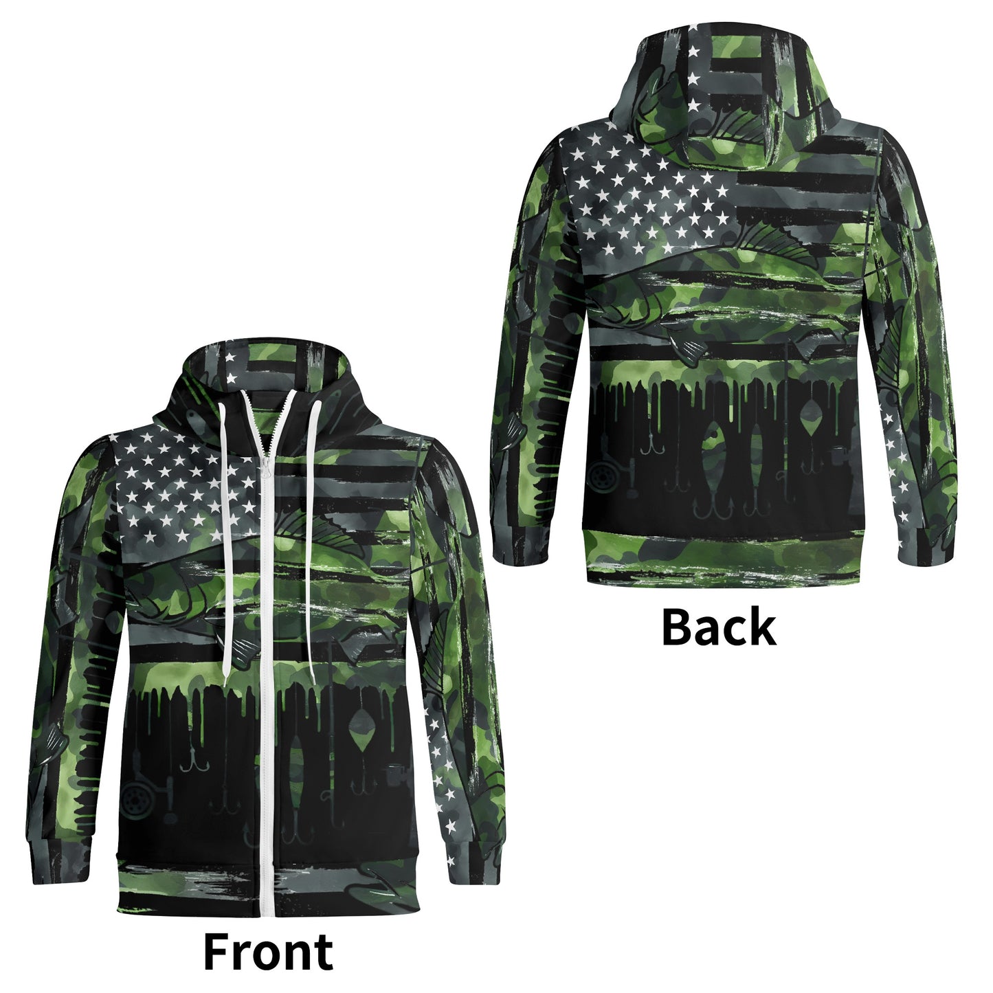 USA Camo Fishing Adult Full Zip Turtleneck Hoodie Streetwear