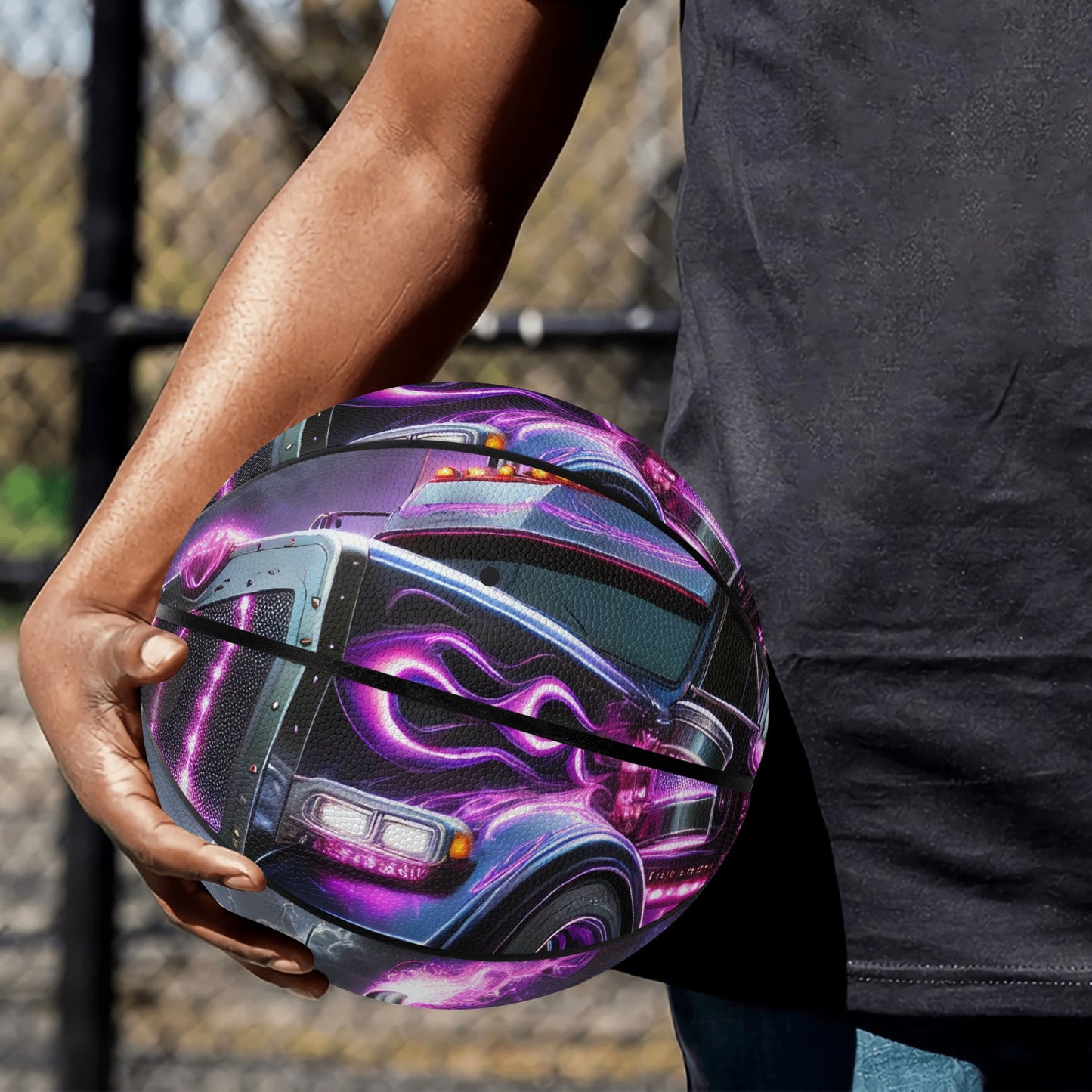 Purple Flame Semi Truck Premium Leather Basketball