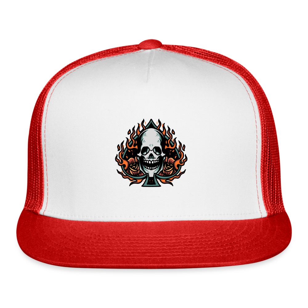 Flaming Spade with Skull Tattoo Design - white/red