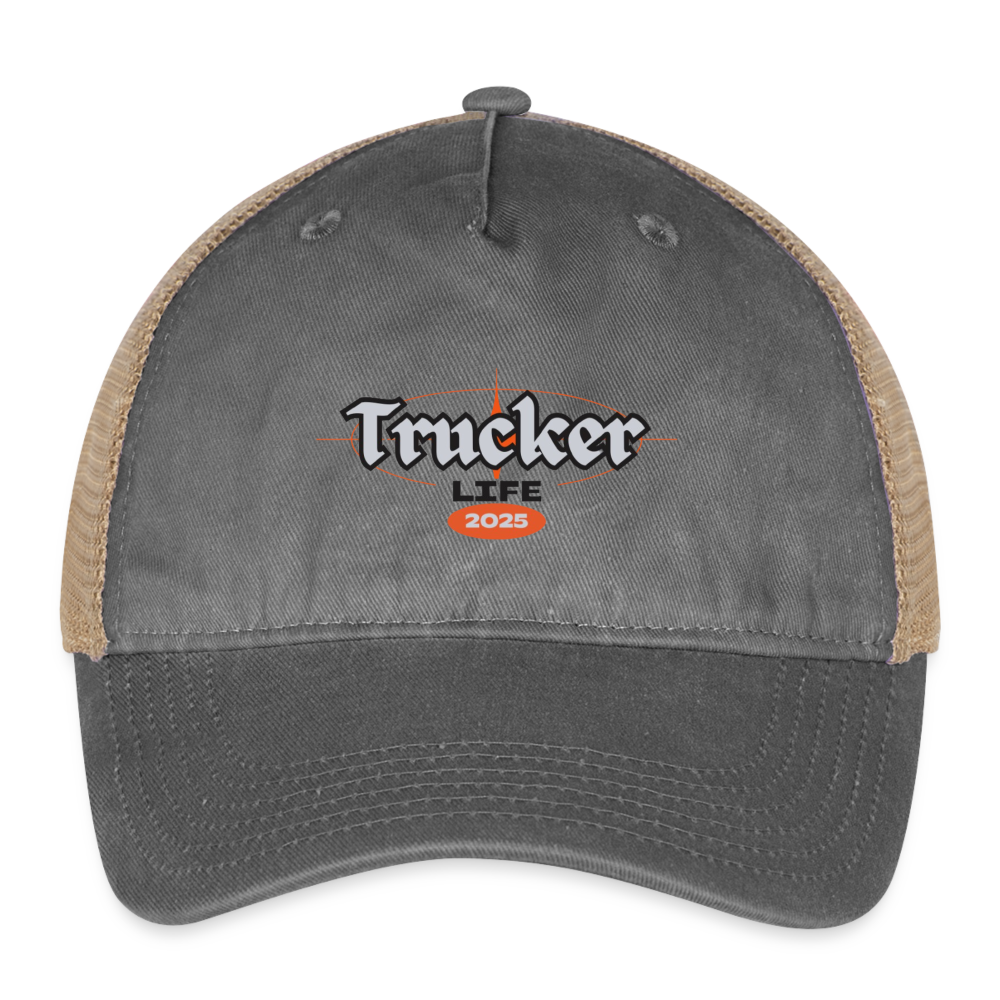 Trucker Life #5 Design Pigment Dyed Trucker Hat - washed black/beige