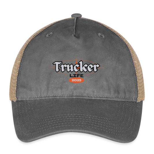 Trucker Life #5 Design Pigment Dyed Trucker Hat - washed black/beige