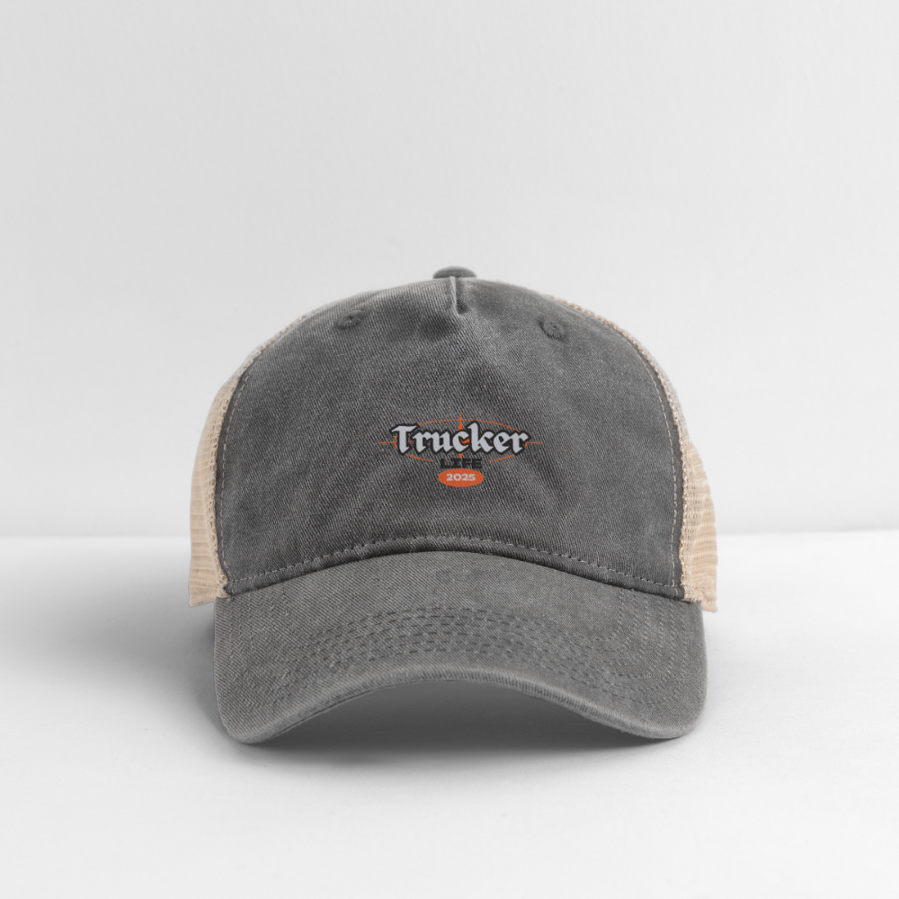 Trucker Life #5 Design Pigment Dyed Trucker Hat - washed black/beige